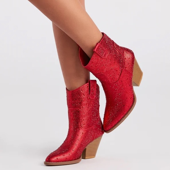 NEW Red Western Style Bedazzled Cowboy Ankle Boots - Picture 4 of 14